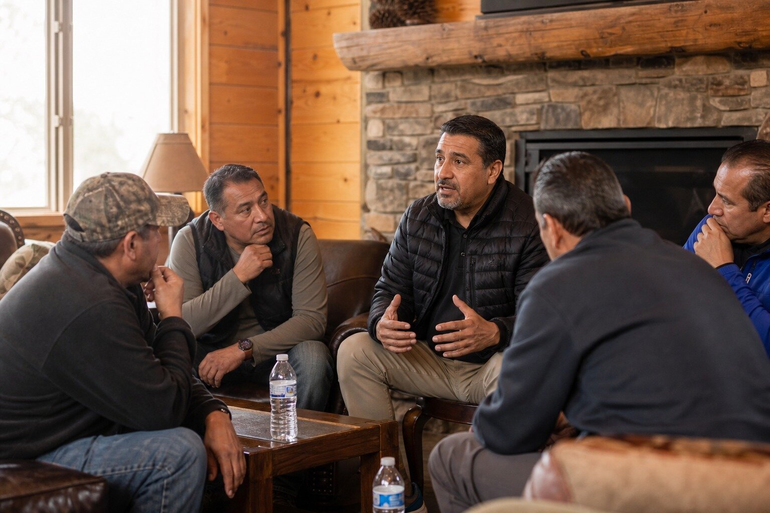 Five men sitting together by a fireplace in warm conversation
