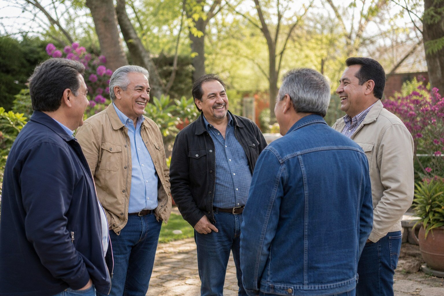 Five older men in their sixties talking together in a garden
