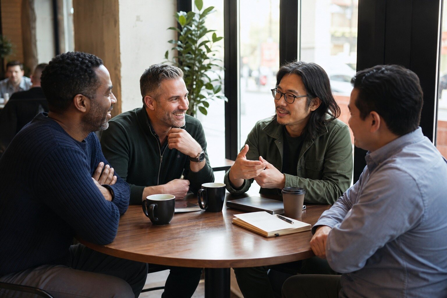 Four men talking around a coffee shop table