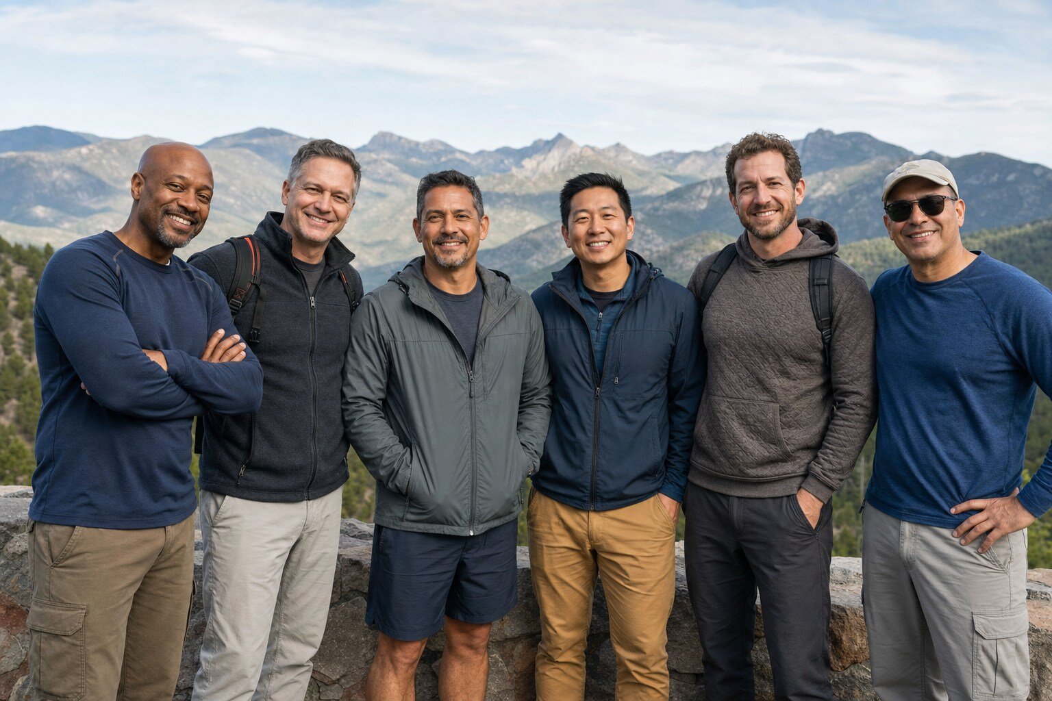 Six men standing together at a mountain overlook on a hike