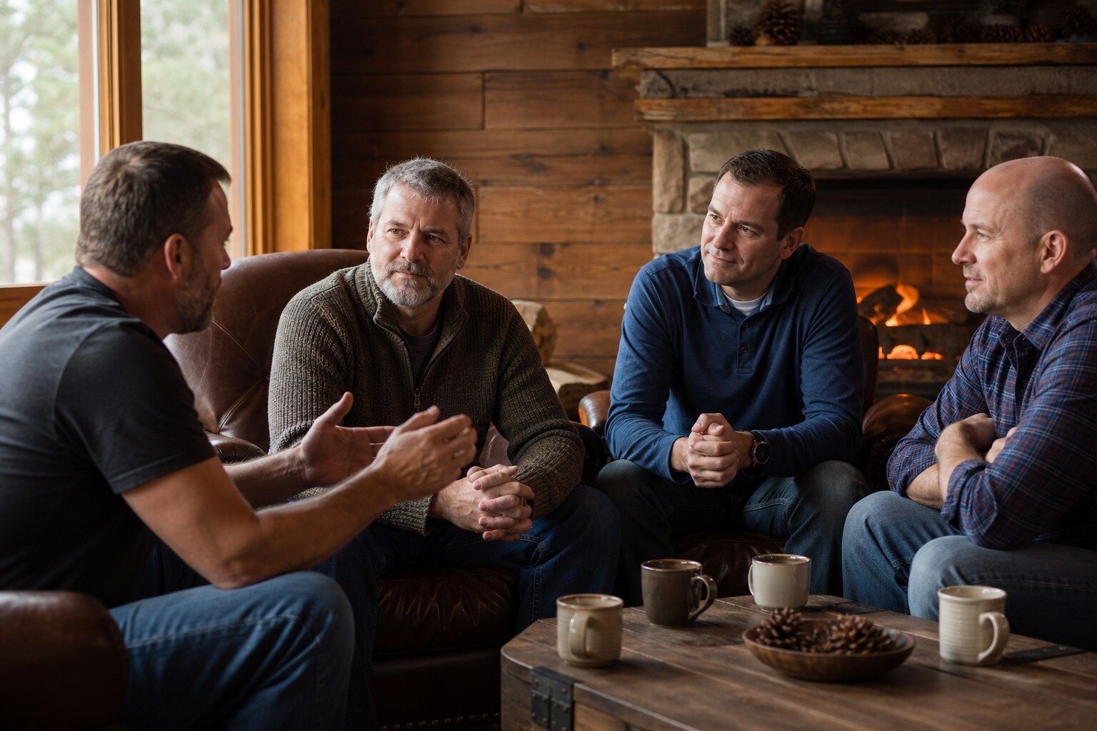 Four men talking by a cabin fireplace with coffee mugs
