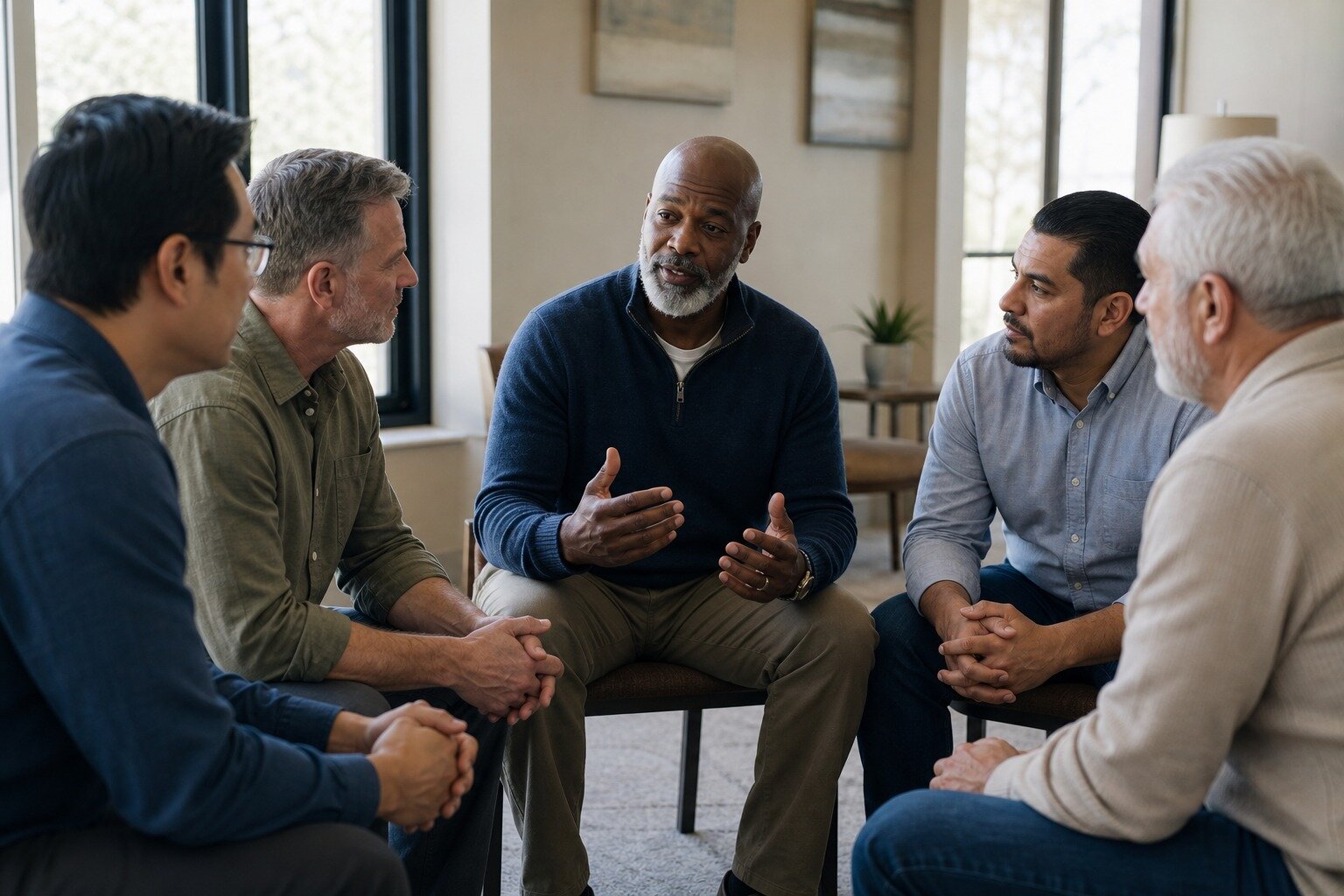Six men sitting in a circle listening as one speaks
