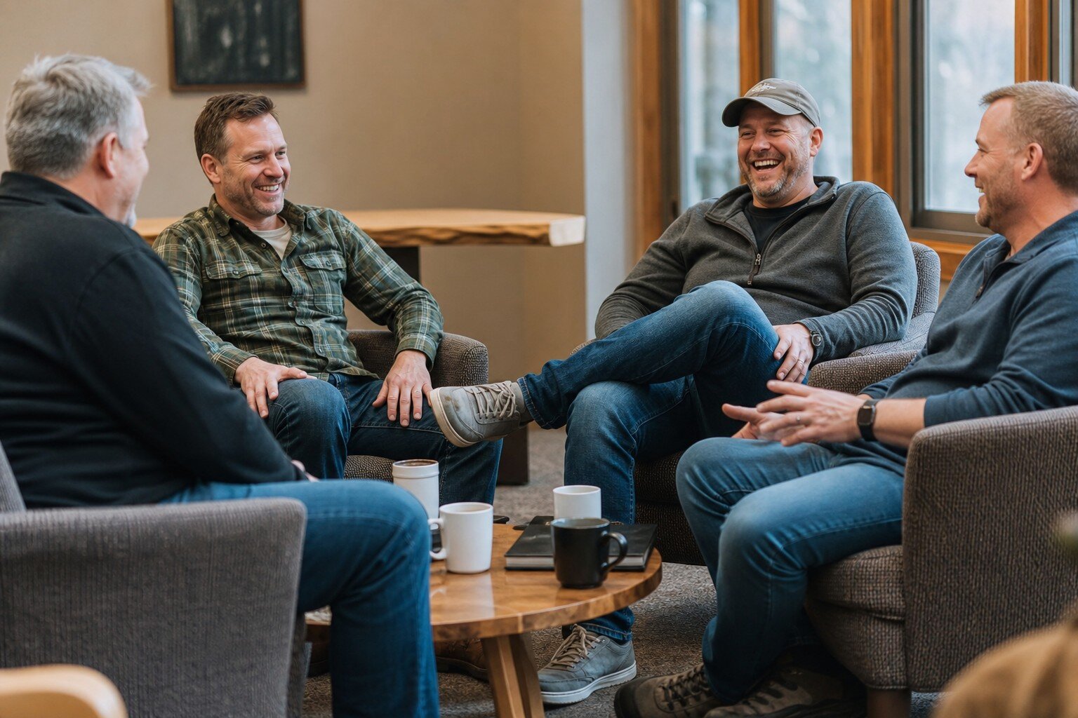 Four men laughing together in armchairs in a cabin