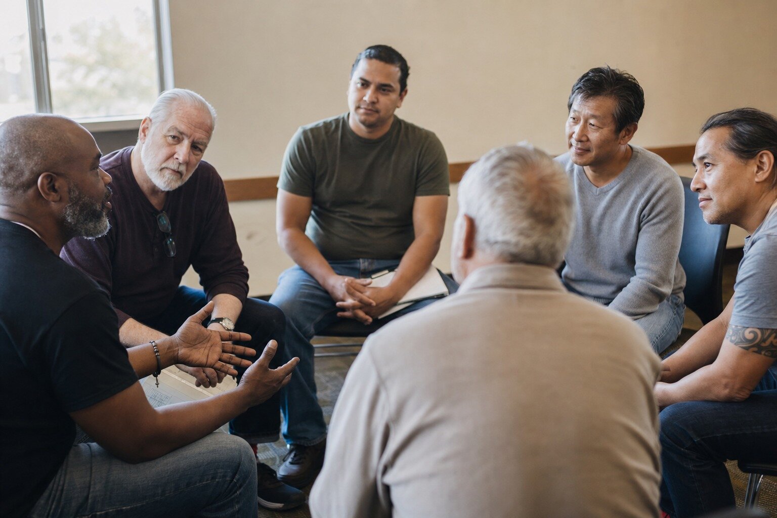 Six men sitting in a circle in a community room as one speaks