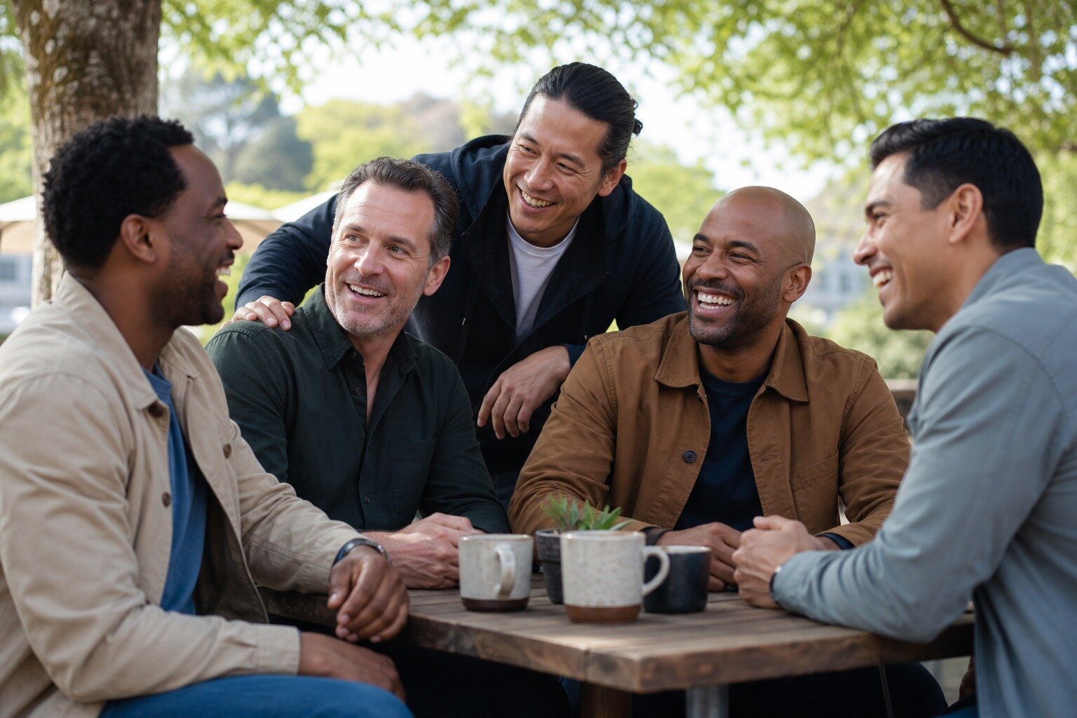 Five men laughing together in person at an outdoor table