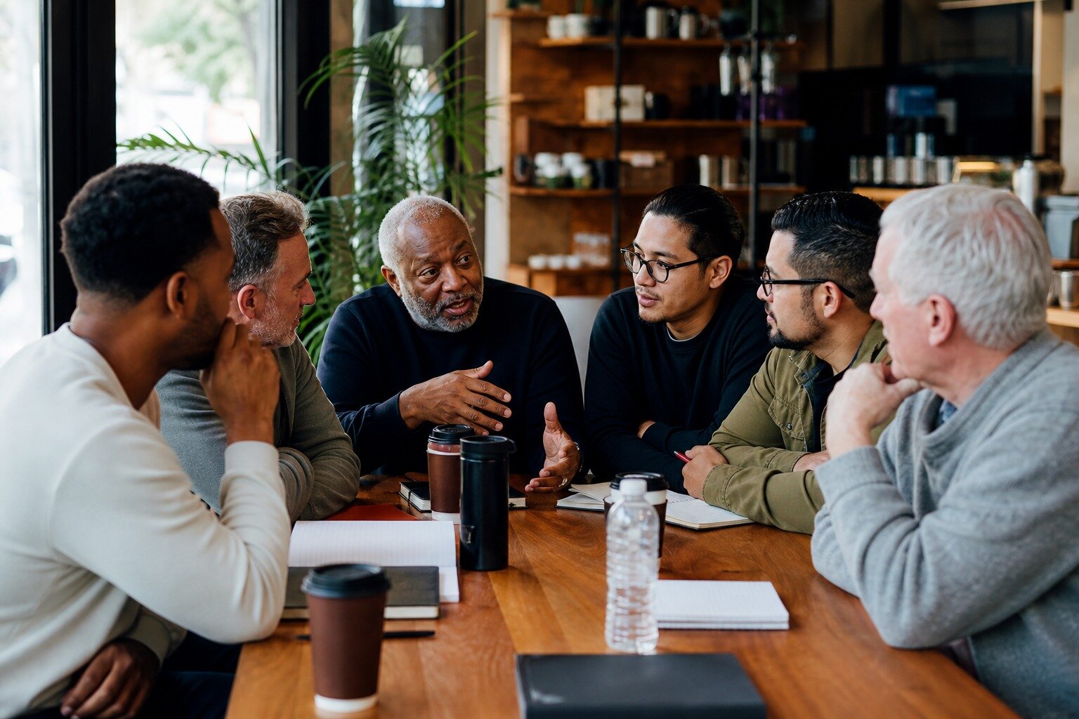 Six men of different ages in discussion around a cafe table with notebooks