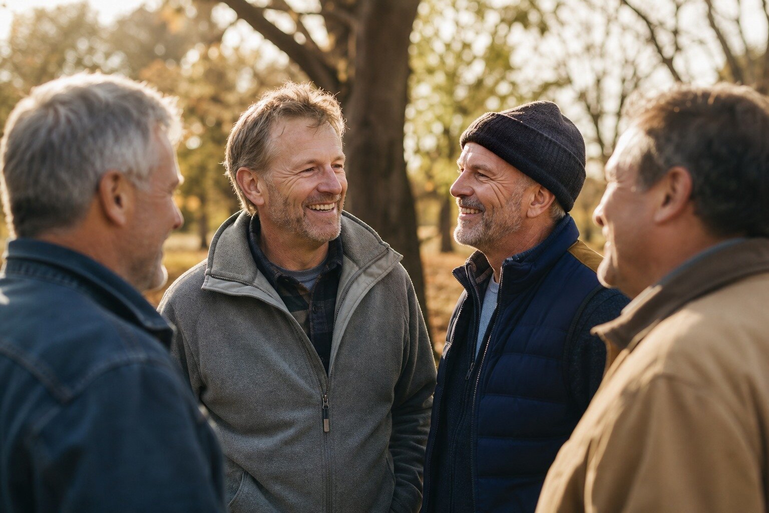 Four older men talking outdoors among autumn trees