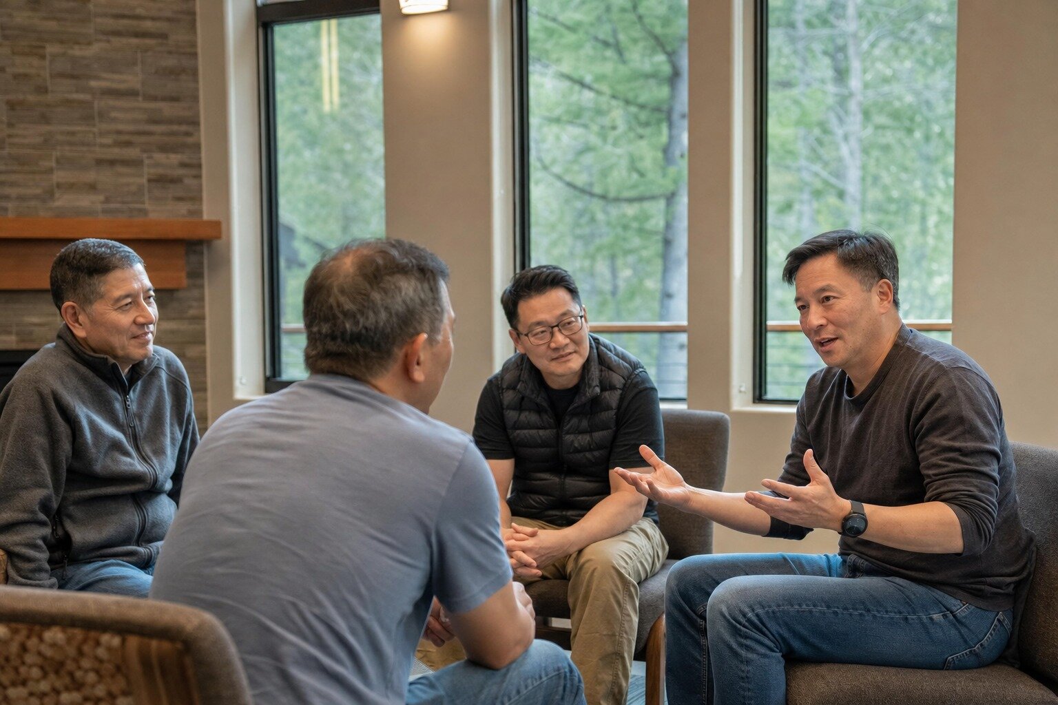 Four men in a calm small-group conversation in a lodge