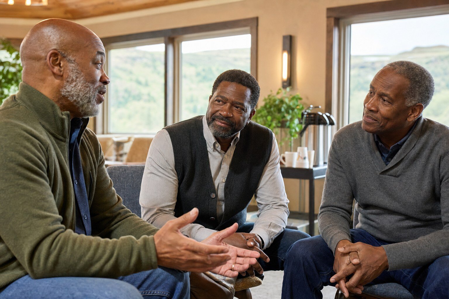 Three men in their fifties and sixties in close conversation in a lodge