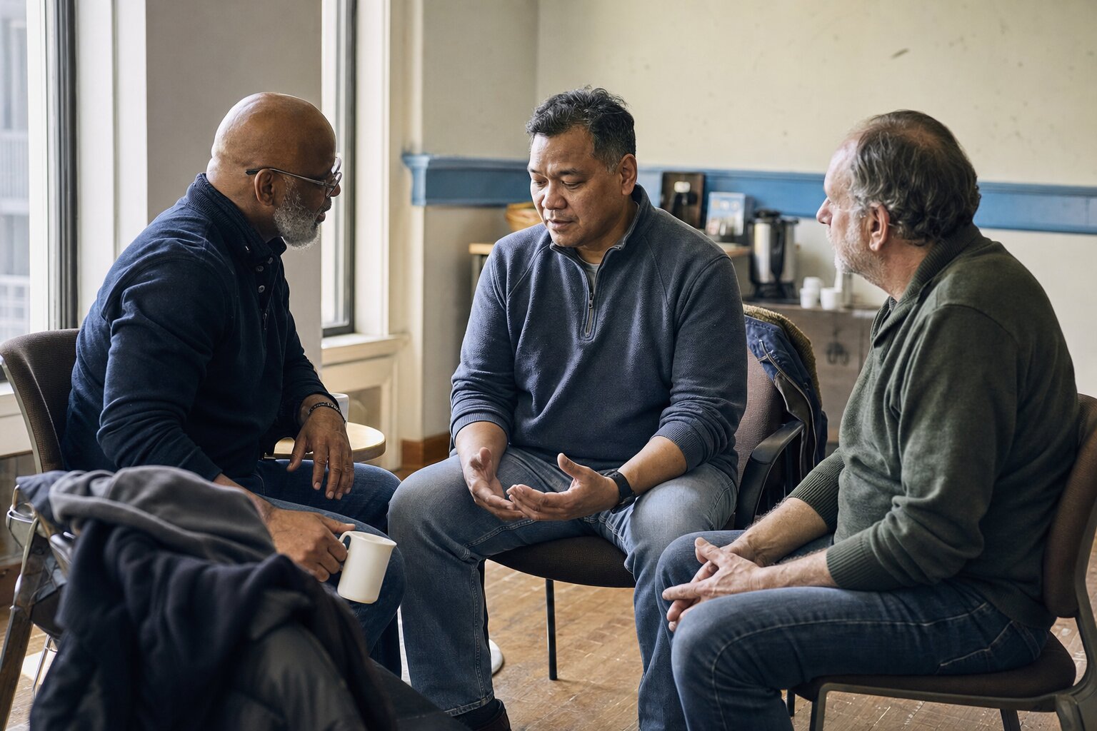 Men in a support group circle, listening and connecting