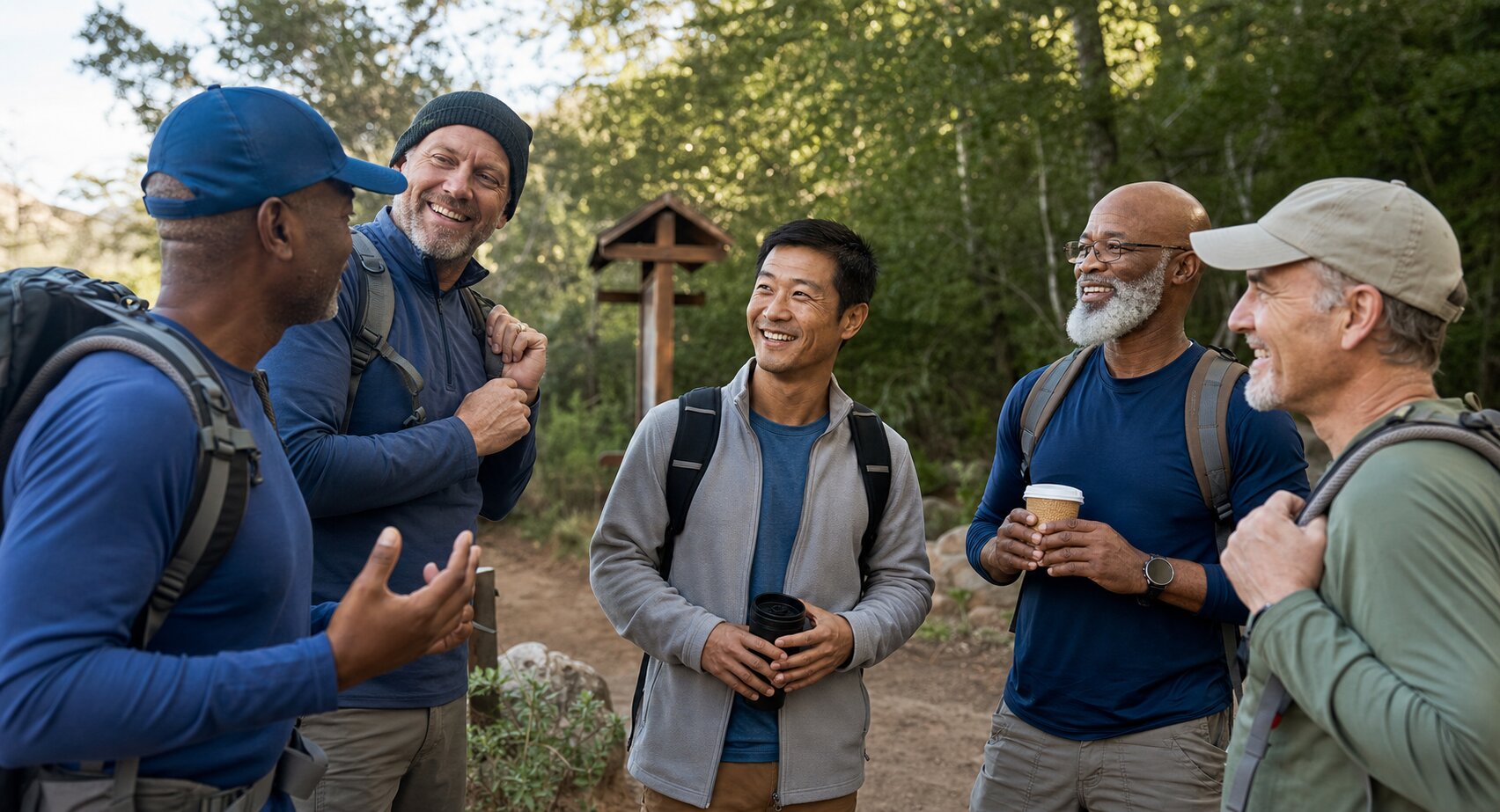 Men gathered at a retreat, sharing conversation