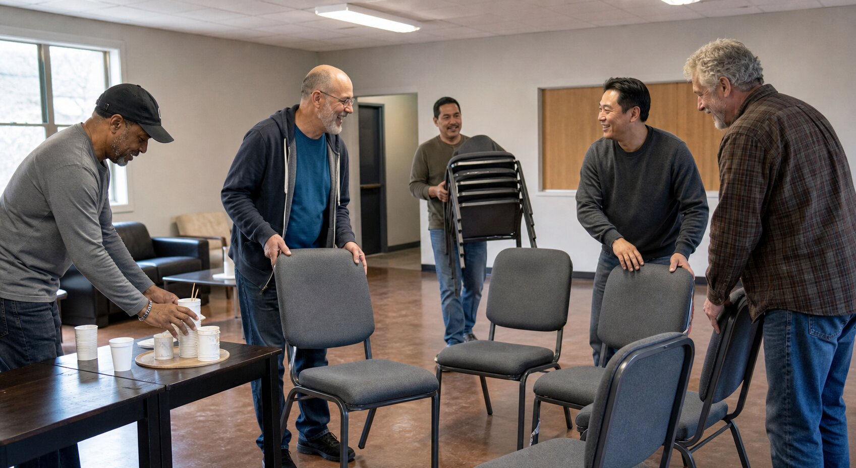 Men seated in a circle, engaged in conversation