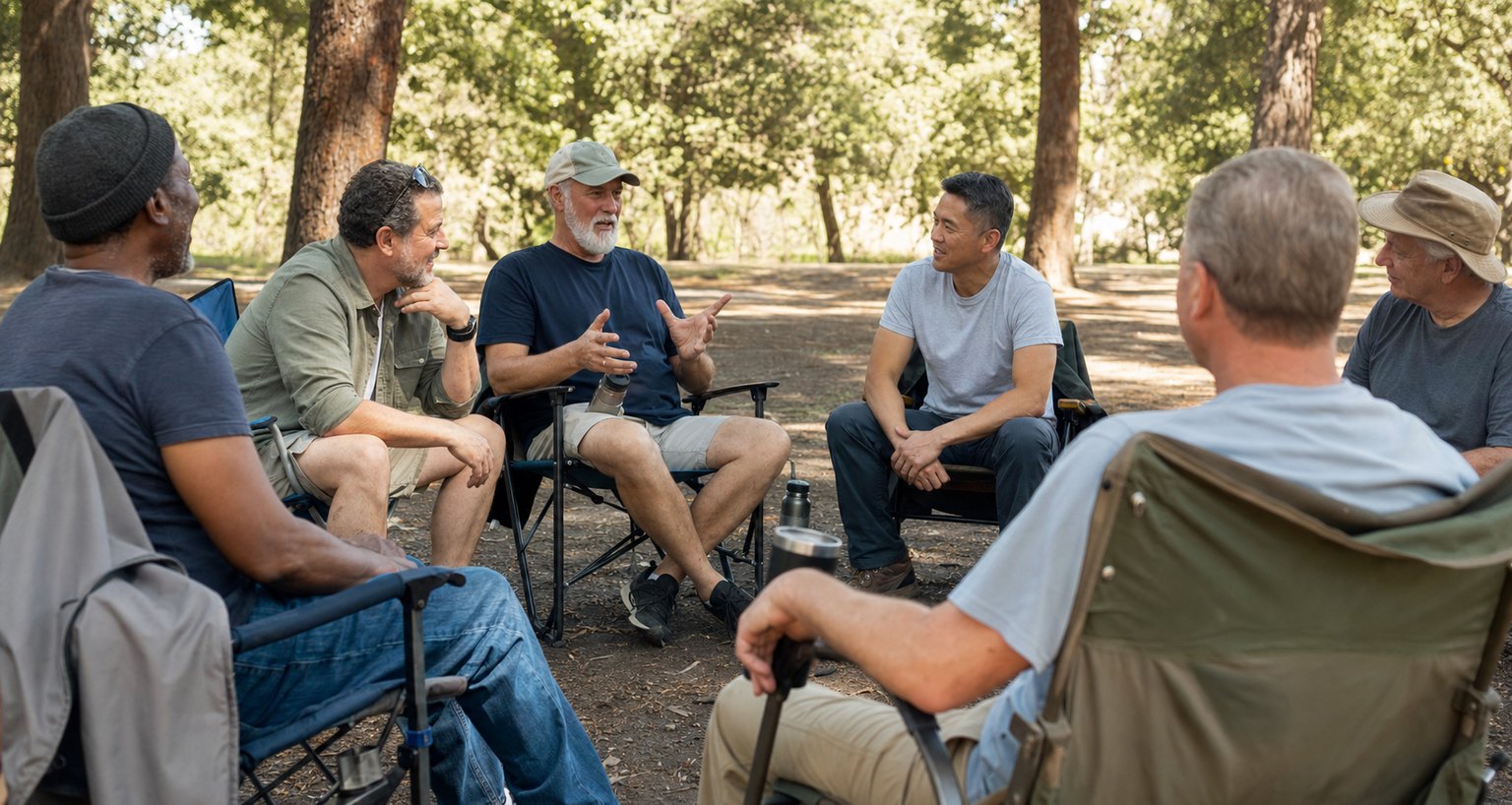 Seis hombres sentados en círculo en sillas plegables al aire libre, conversando bajo los árboles