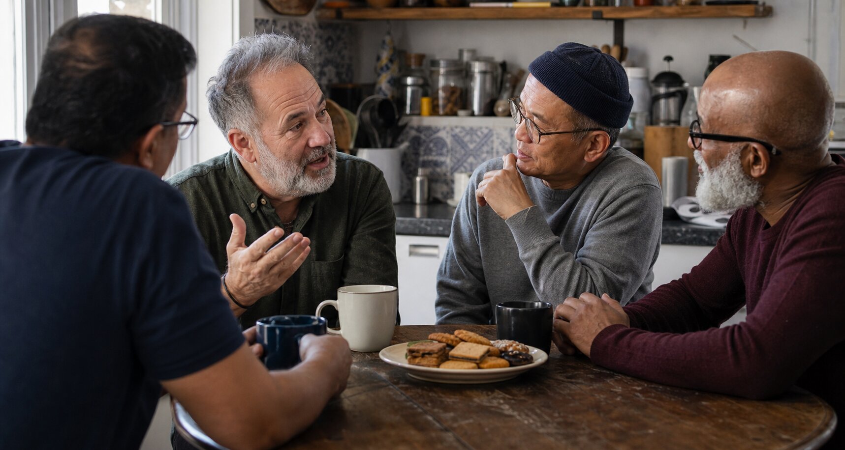Men in a fraternity gathering, building bonds
