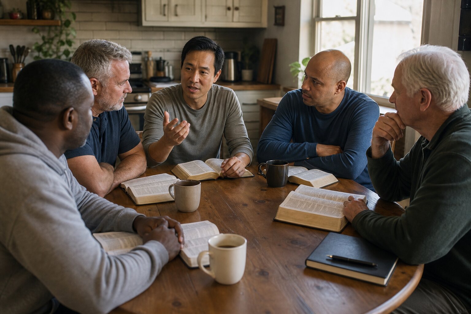Men gathered for Bible study, reading and discussing together